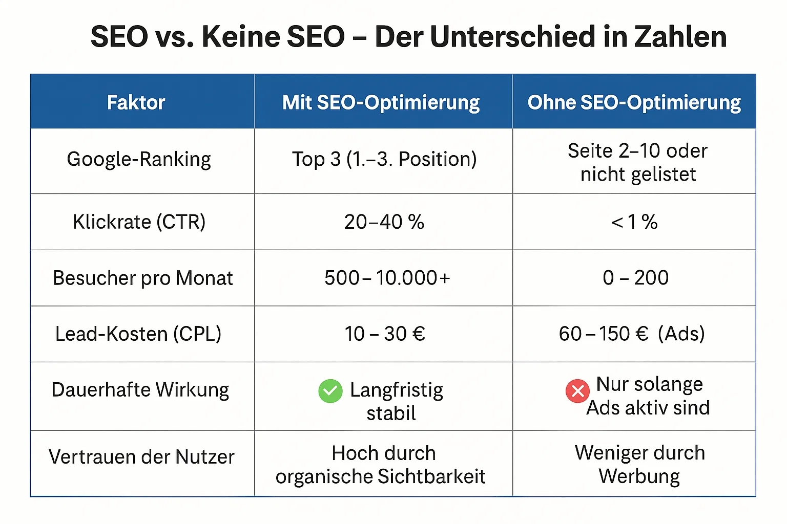 Grafik: Sichtbarkeit und Leads mit SEO vs. ohne SEO im Vergleich